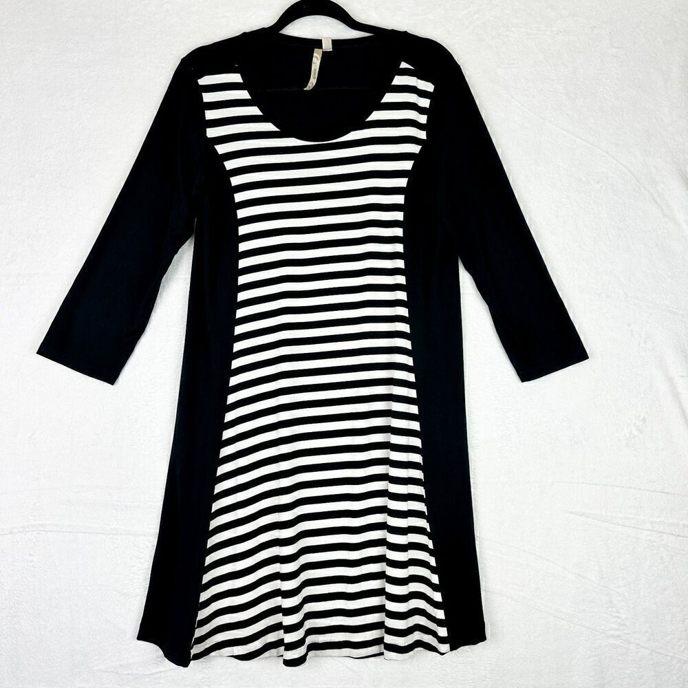 Comfy USA Jersey Knit Dress Size Large 3/4 Sleeve Black White Lagenlook